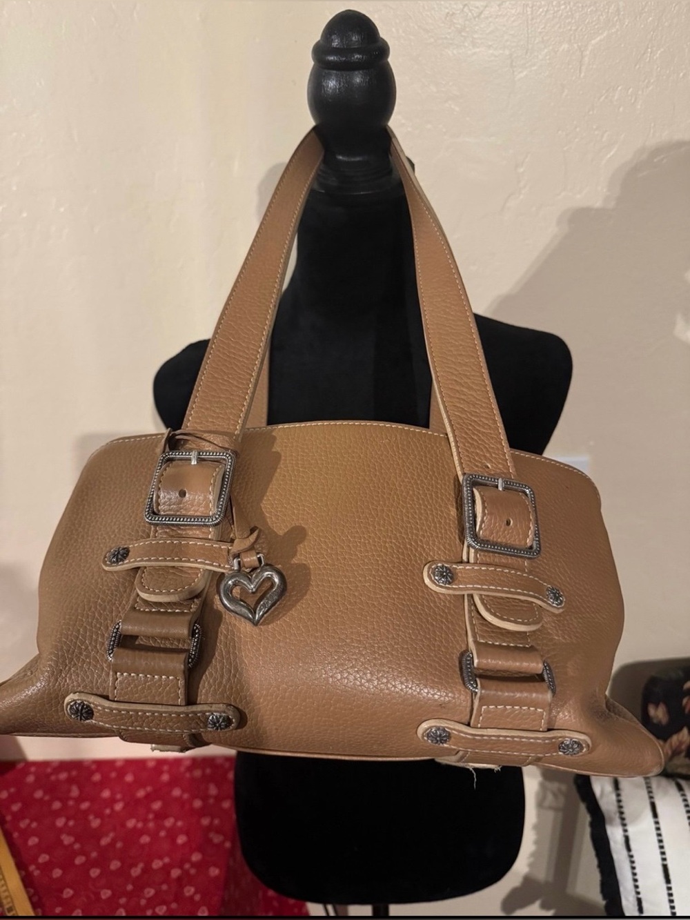 Brighton Veruca tan pebbled leather shoulder bag silver-tone buckles heart charm